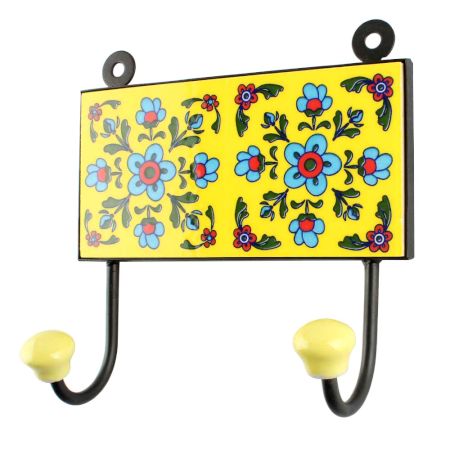 Yellow With Turquoise Tiny Flower Ceramic Tiles Hooks